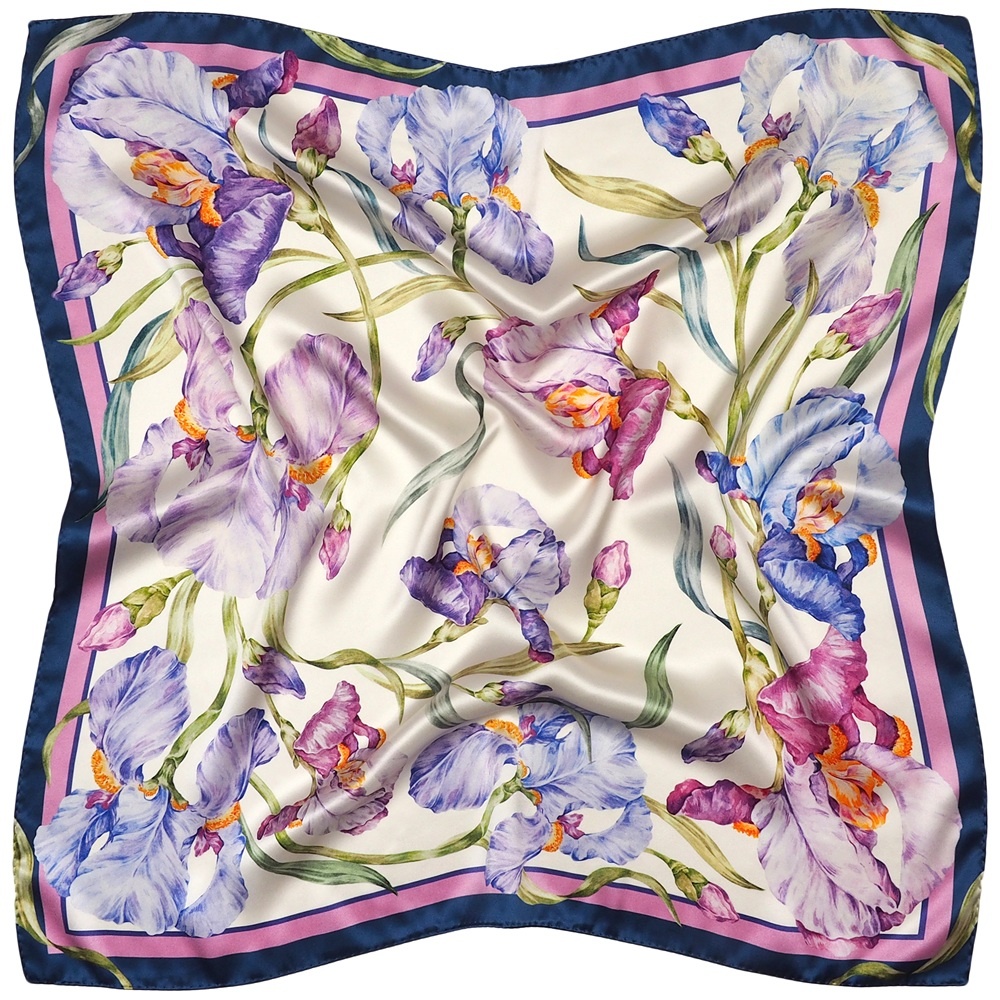 AD7-081 Fioletowa apaszka na szyję Irysy 68x68 cm